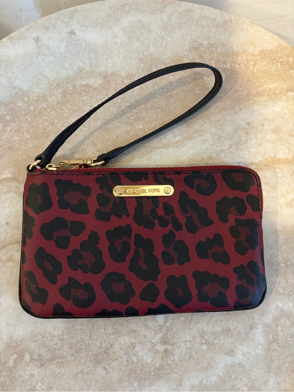 Michael Kors Burgundy and Black Leopard-Print Wristlet